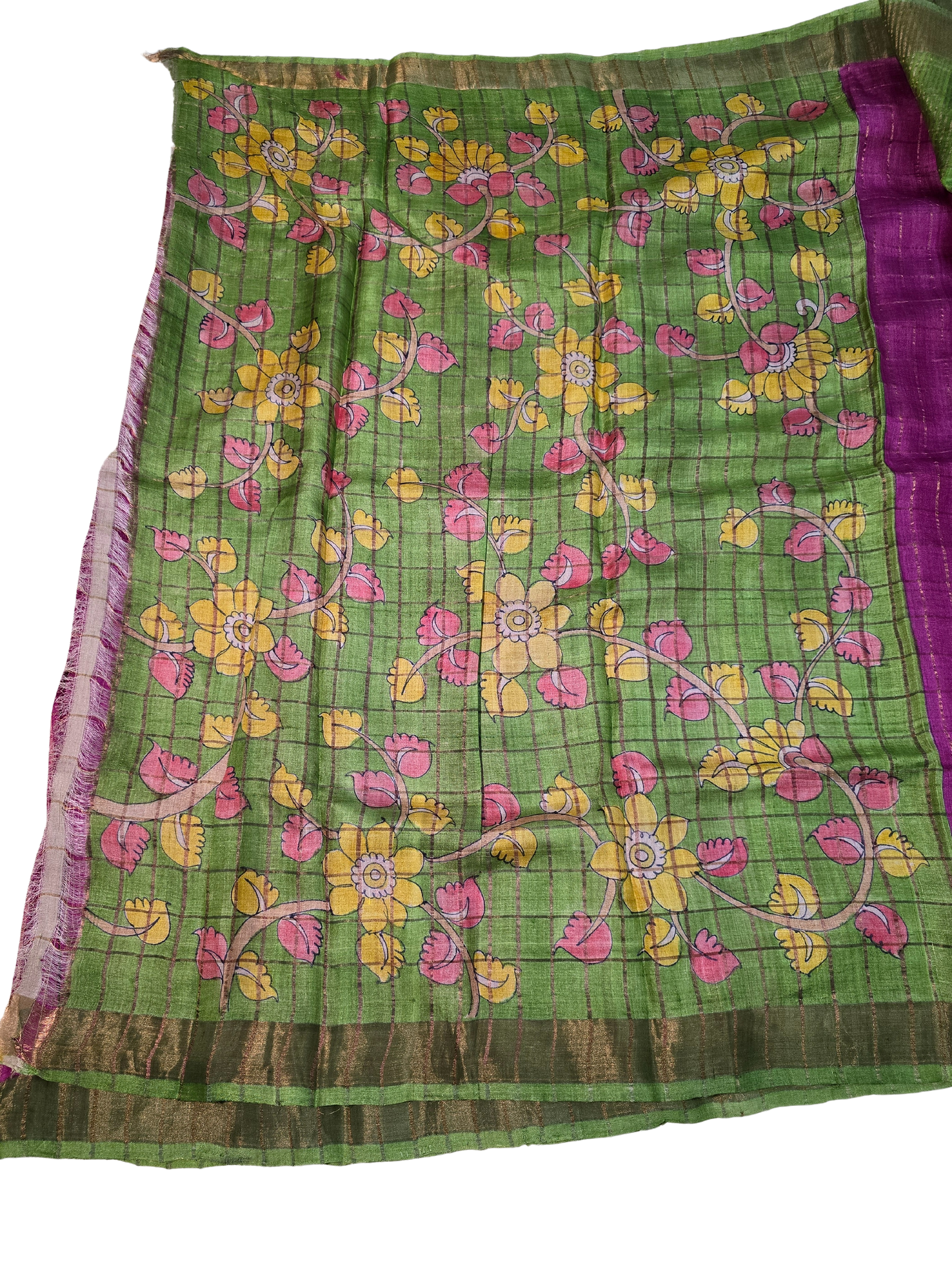 Pink and green Pure tusser zari check saree with kalamkari blouse