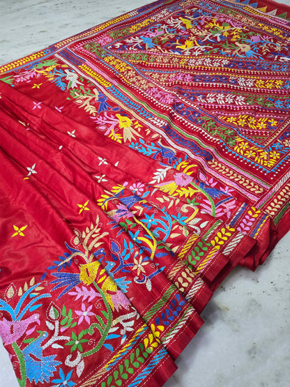 Red Bangalore silk kantha saree