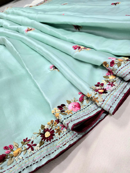 Ice blue hand parsi bullion work satin tusser saree