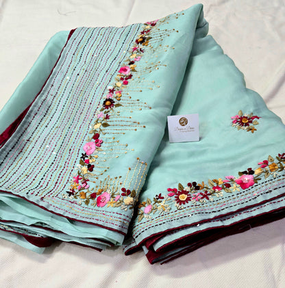 Ice blue hand parsi bullion work satin tusser saree