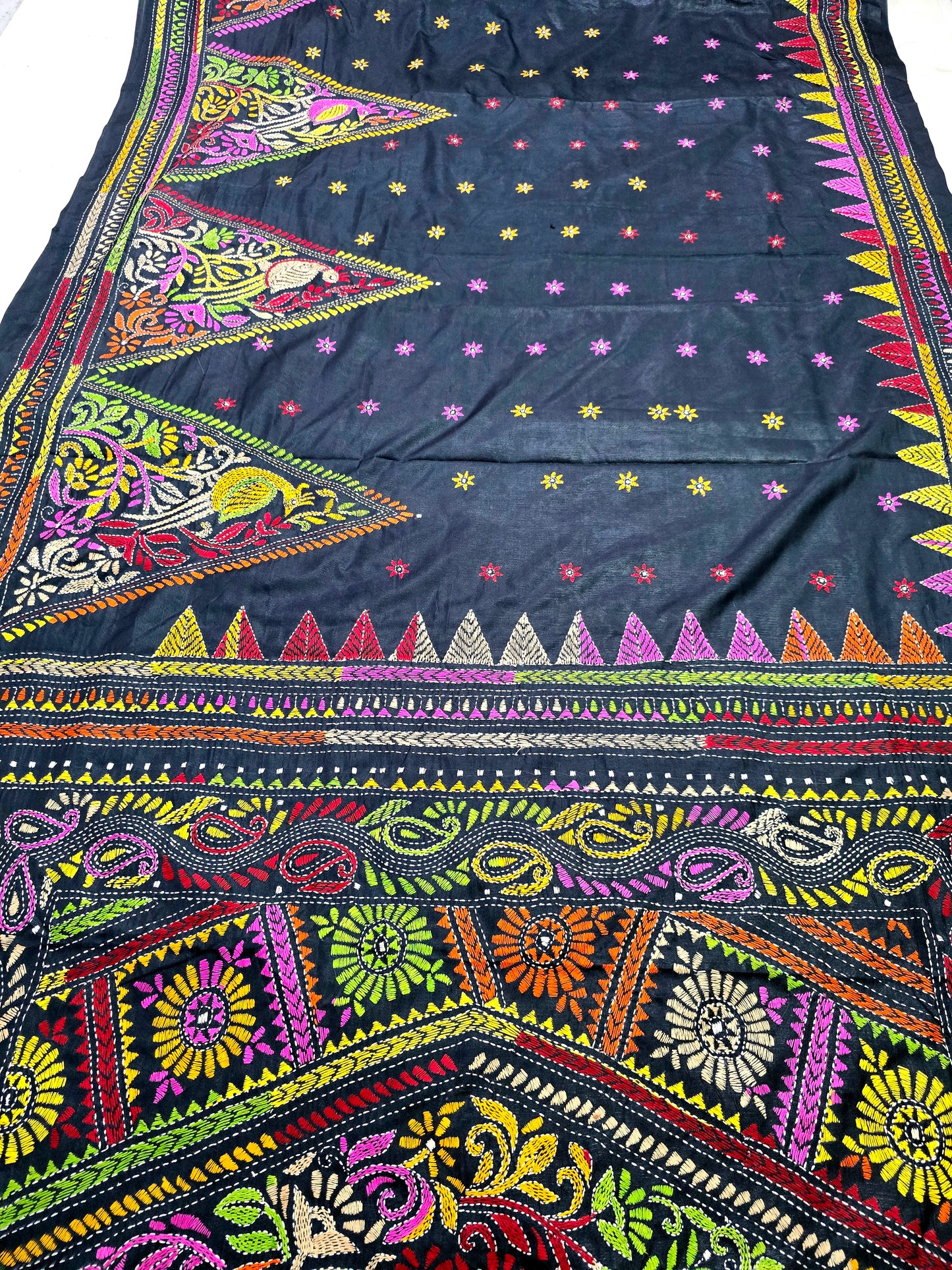 Black kantha work silk saree from Bengal handloom