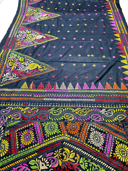 Black kantha work silk saree from Bengal handloom