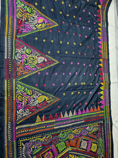 Black kantha work silk saree from Bengal handloom