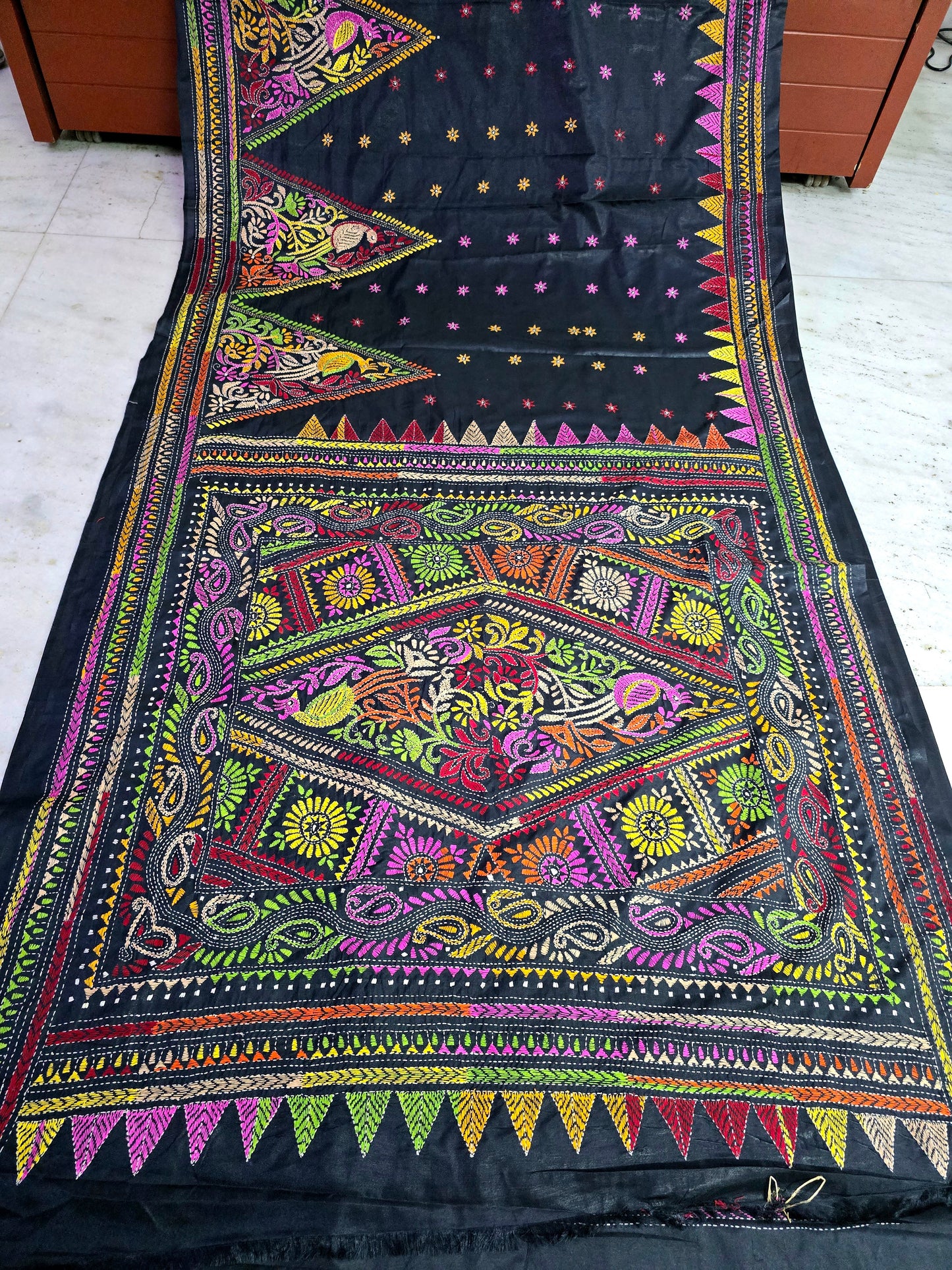 Black kantha work silk saree from Bengal handloom