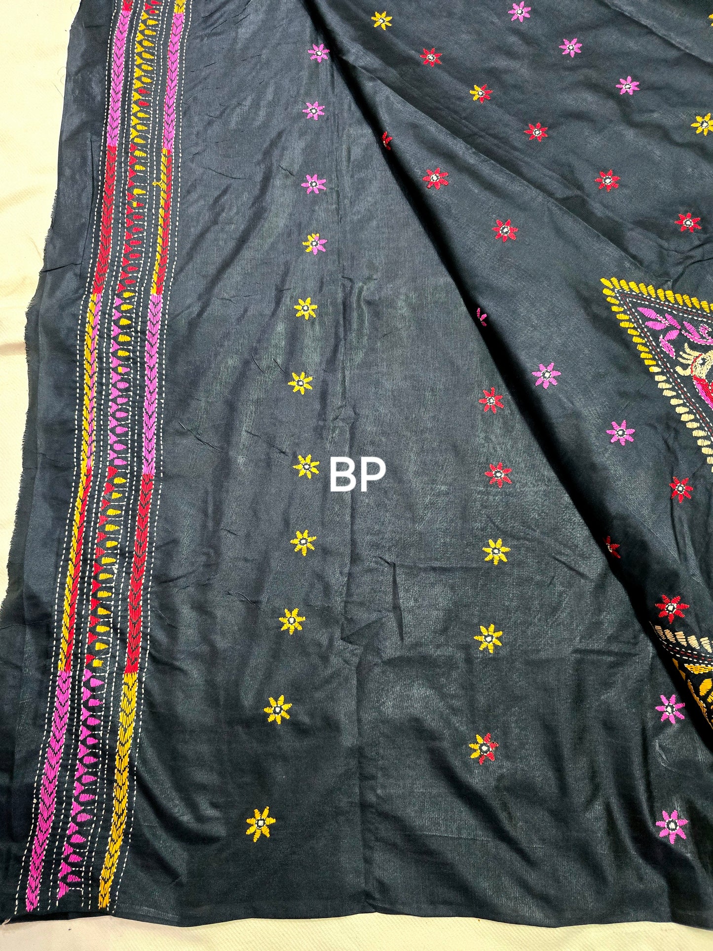 Black kantha work silk saree from Bengal handloom