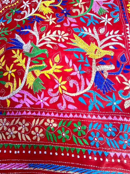 Red Bangalore silk kantha saree