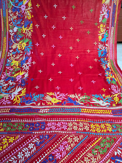 Red Bangalore silk kantha saree