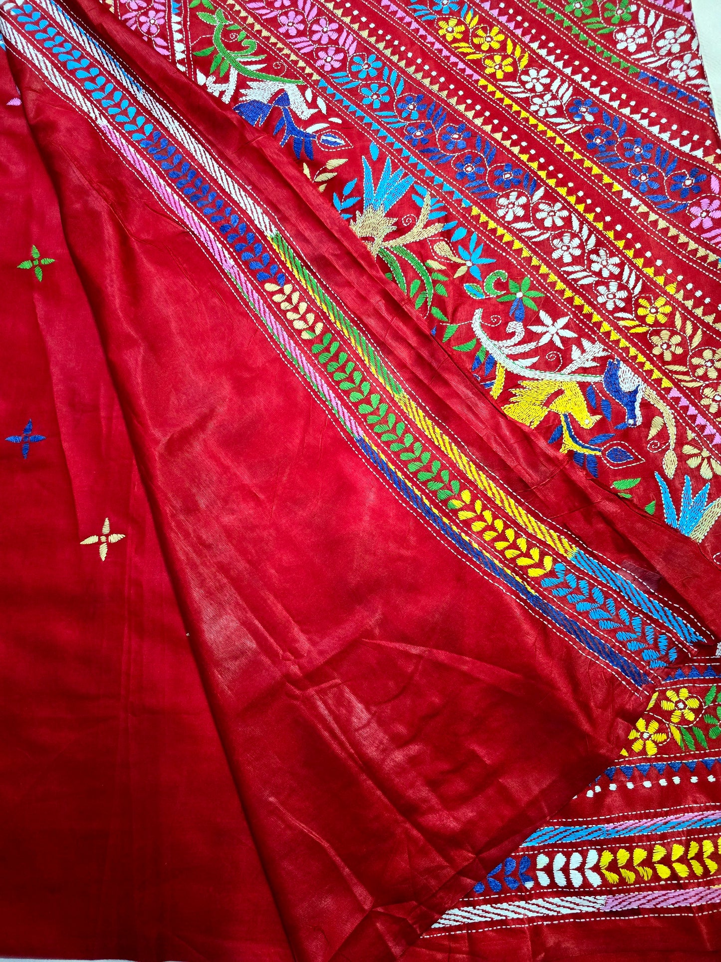 Red Bangalore silk kantha saree