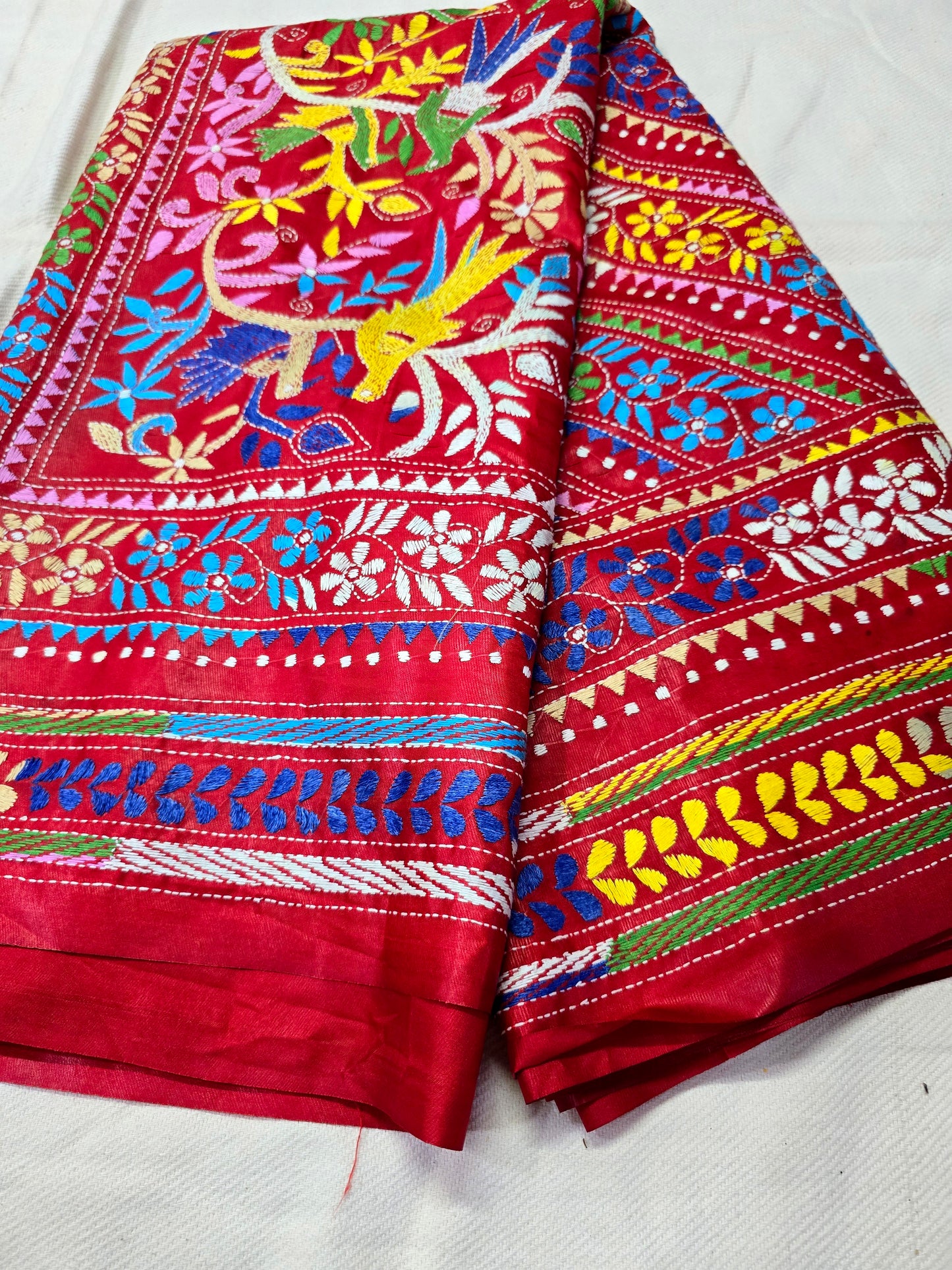 Red Bangalore silk kantha saree