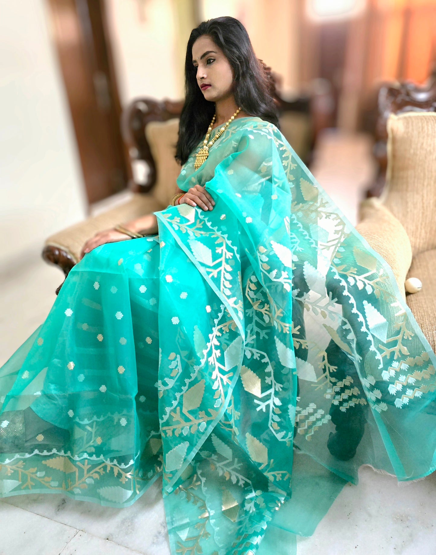 Green Muslin Jamdani saree