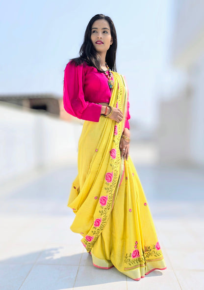 Yellow bhagalpuri cotton linen saree with embroidary