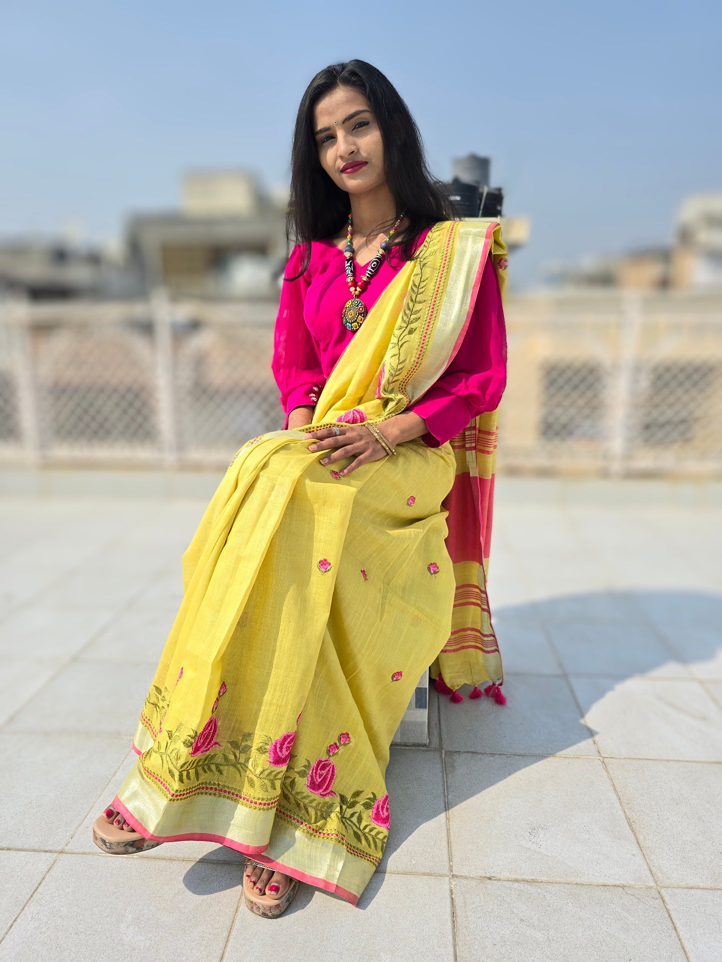 Yellow bhagalpuri cotton linen saree with embroidary