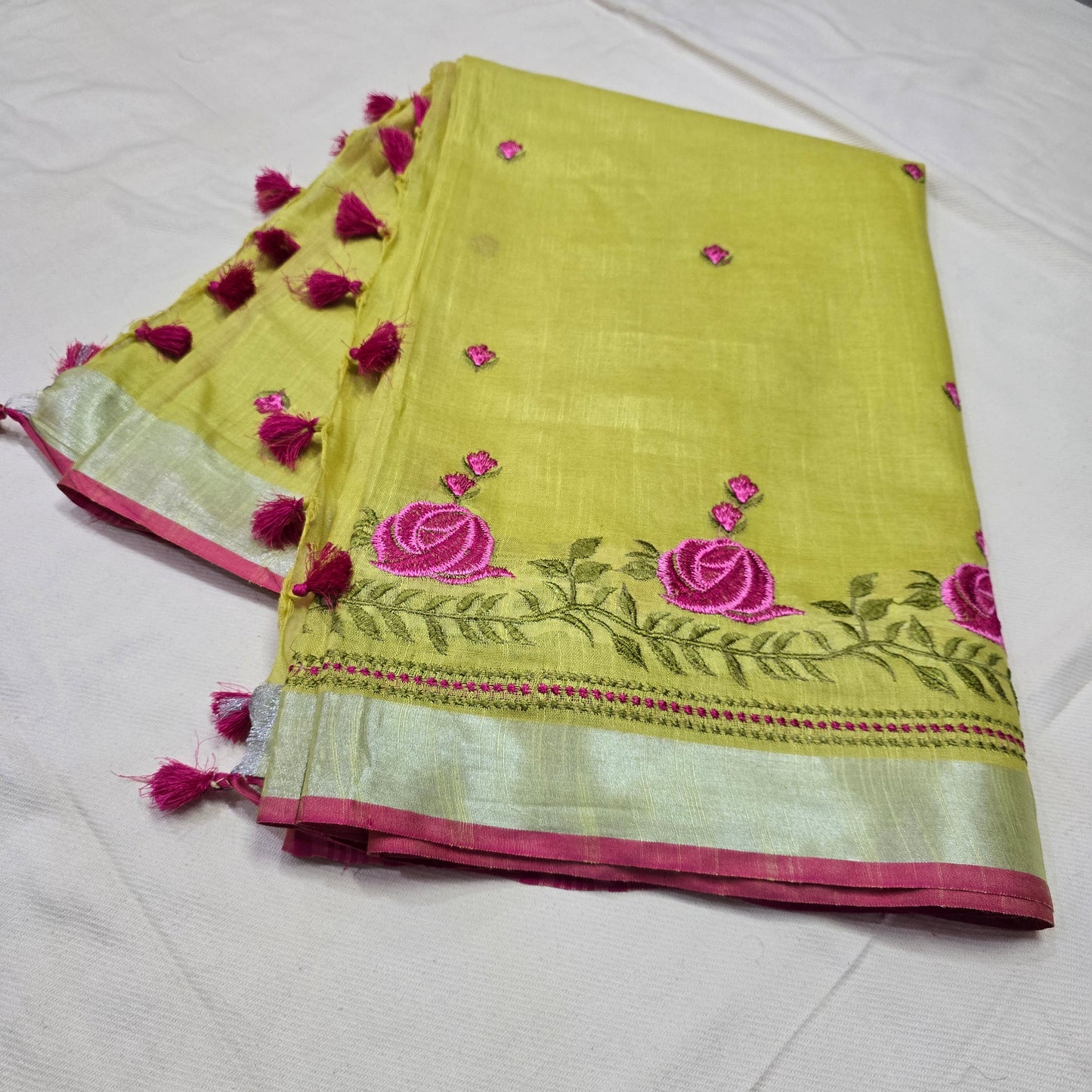 Yellow bhagalpuri cotton linen saree with embroidary