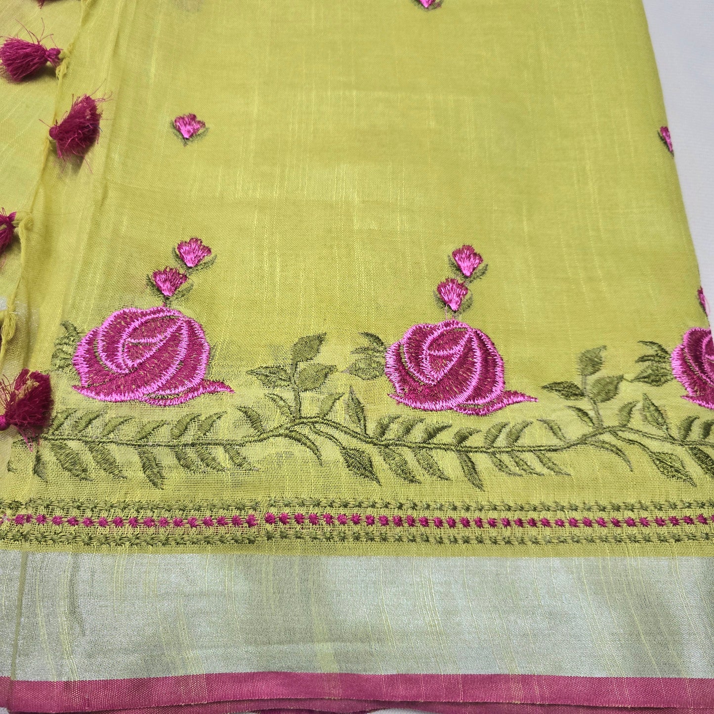 Yellow bhagalpuri cotton linen saree with embroidary