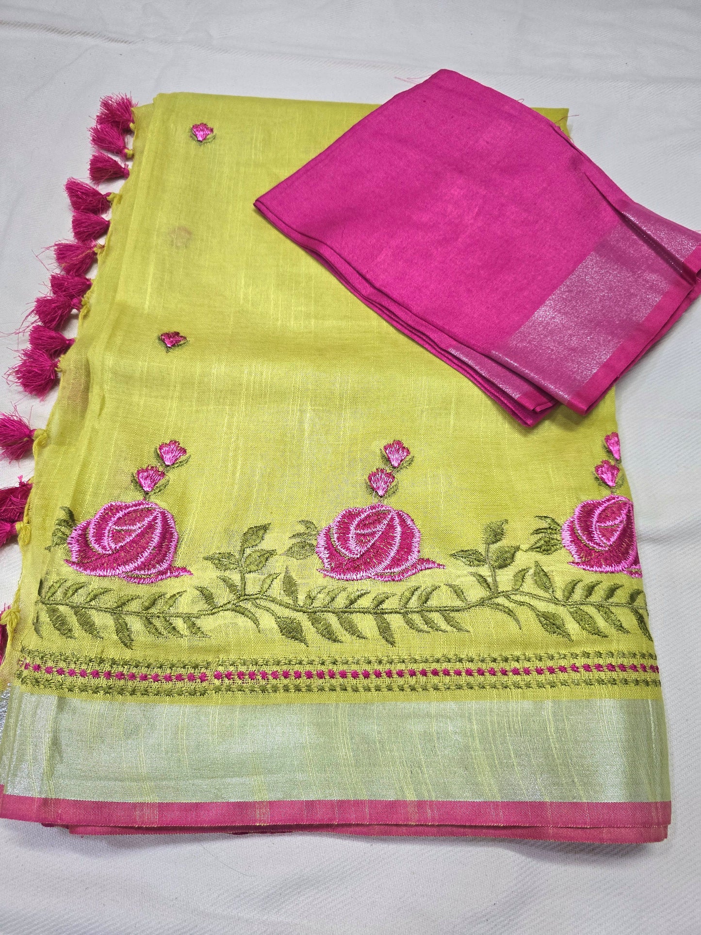 Yellow bhagalpuri cotton linen saree with embroidary