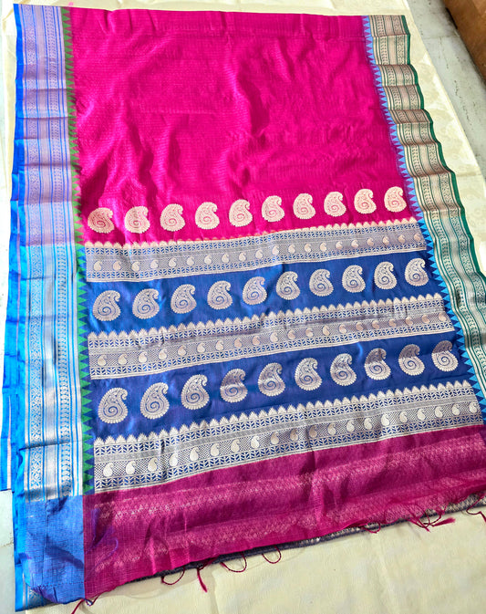 Pink and blue ganga jamuna border silk kota gadwal saree