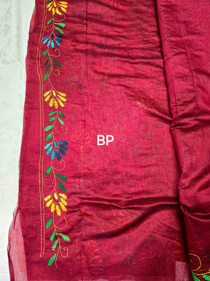 Maroon cotton silk hand kantha work saree