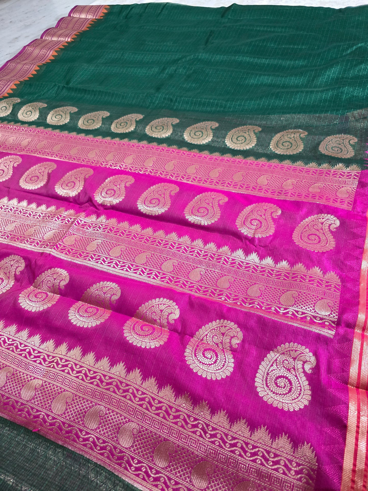 green and pink silk kota gadwal saree 