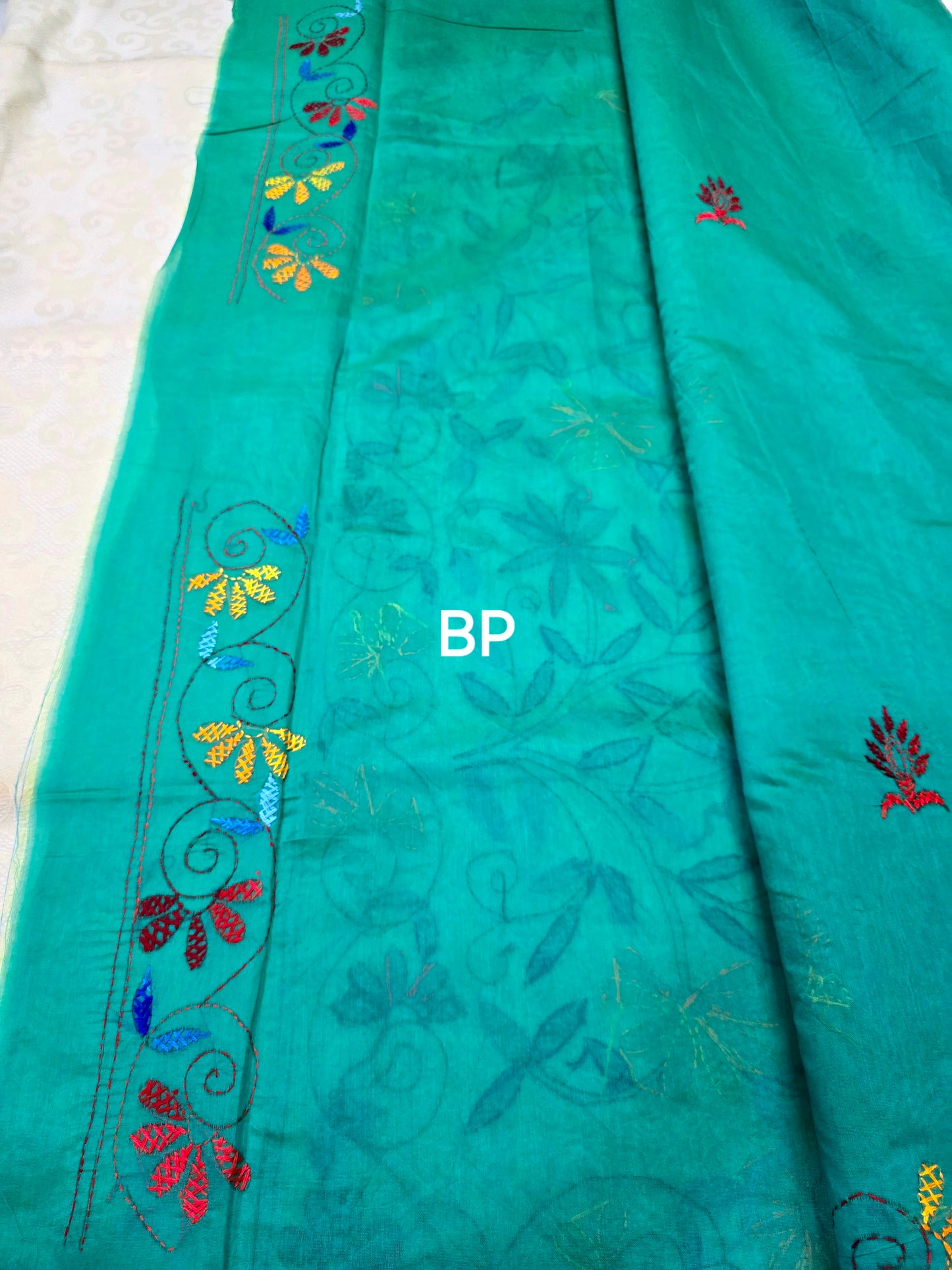 Green cotton silk hand kantha work saree