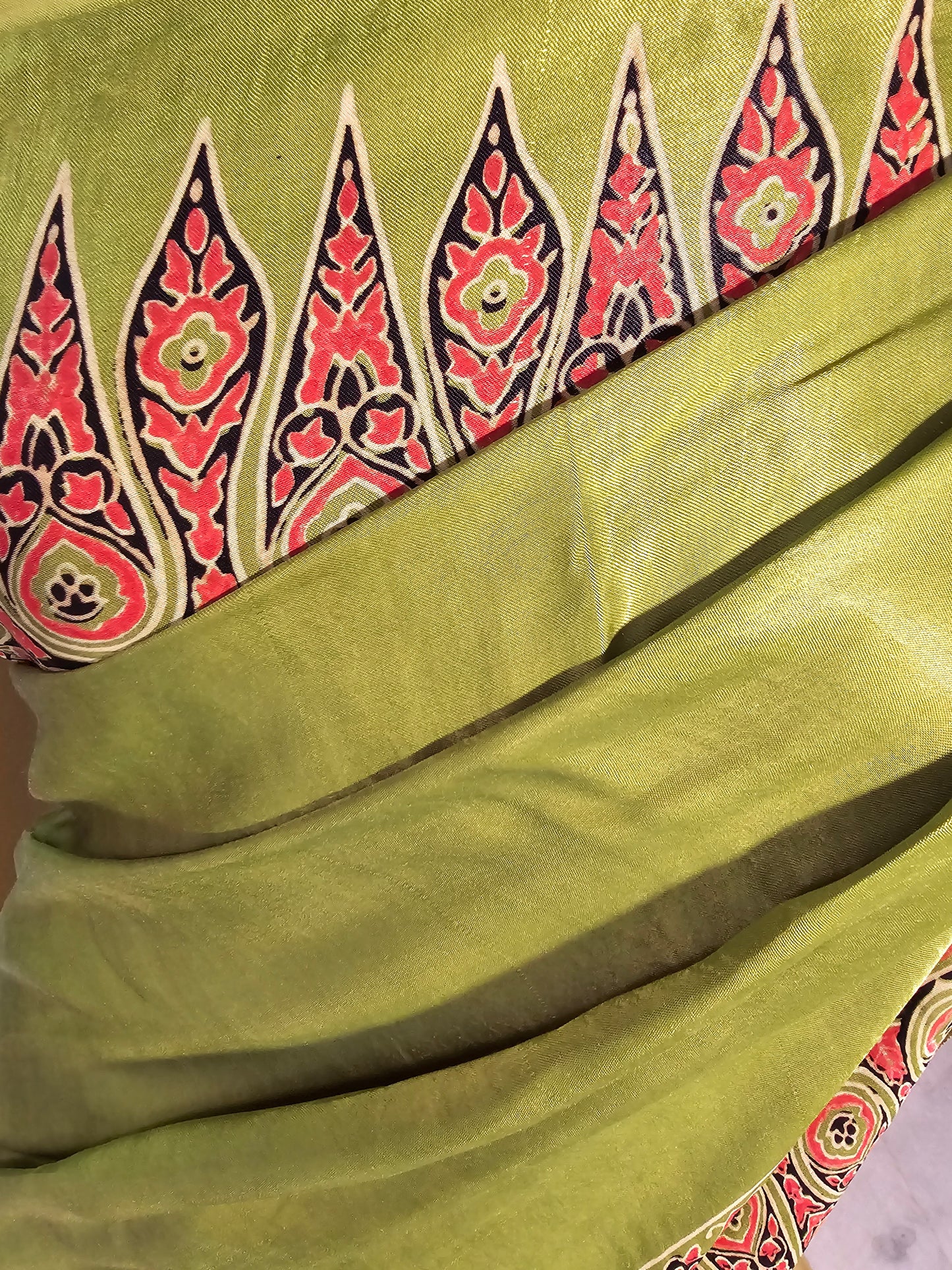 Green ajrakh hand block print modal silk saree