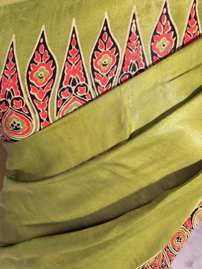 Green ajrakh hand block print modal silk saree