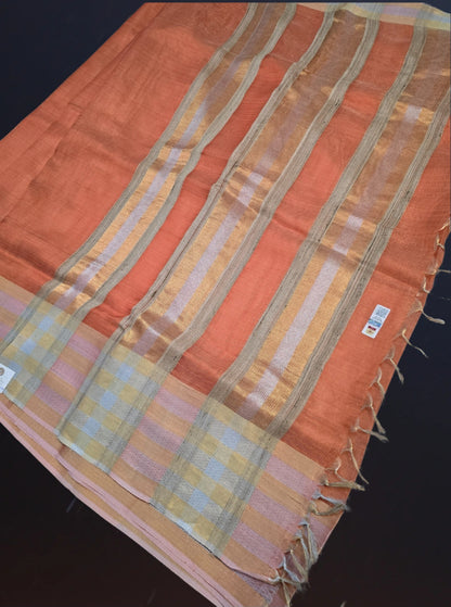 Pastel orange tusser tissue saree from chattisgarh handloom .