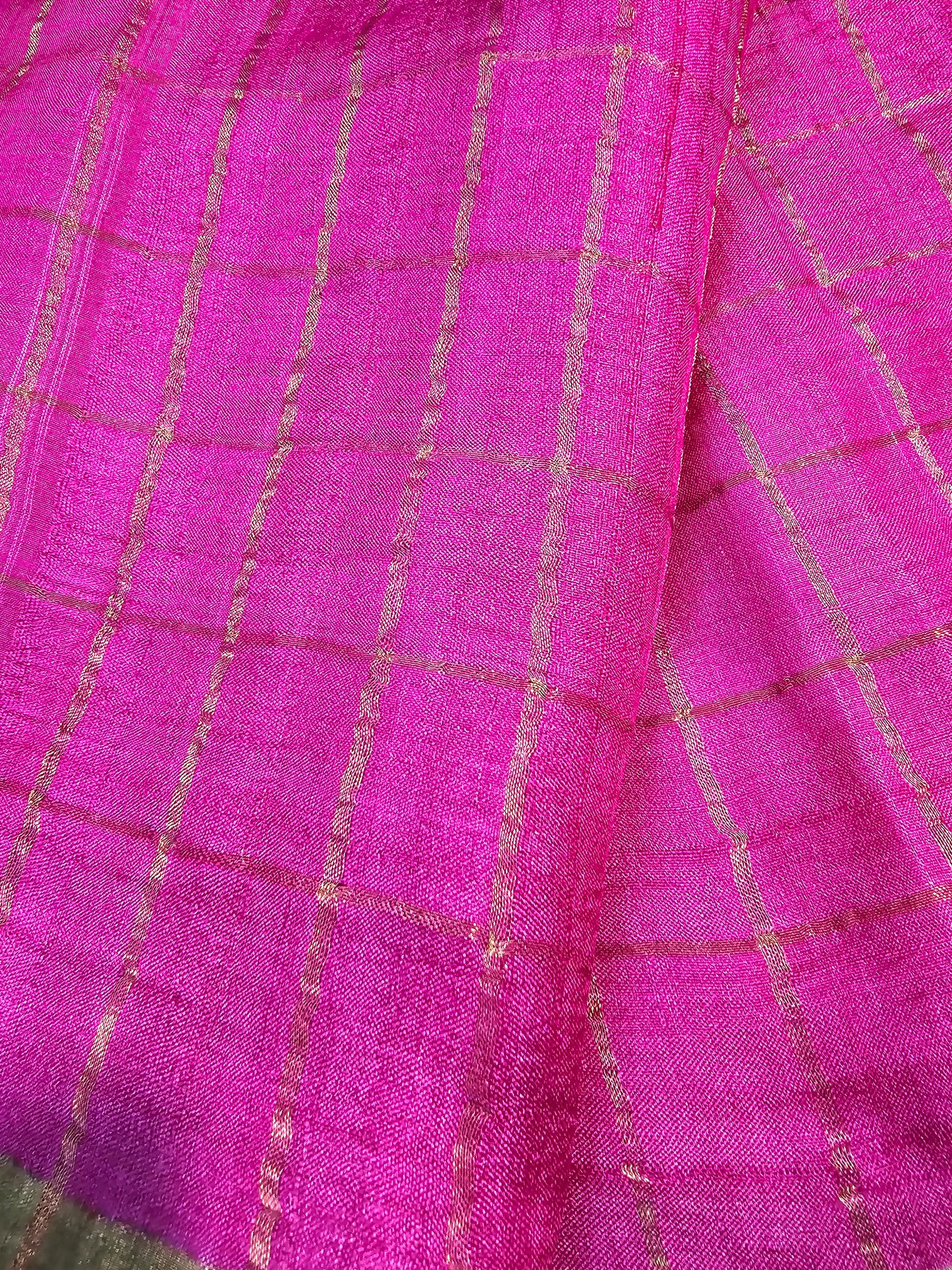 Pink and green Pure tusser zari check saree with kalamkari blouse