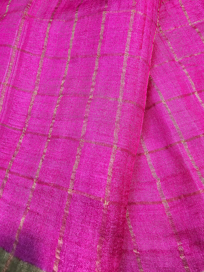 Pink and green Pure tusser zari check saree with kalamkari blouse