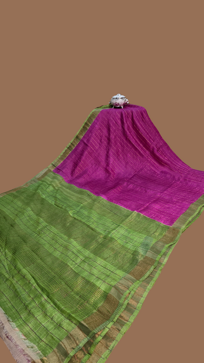 Pink and green Pure tusser zari check saree with kalamkari blouse