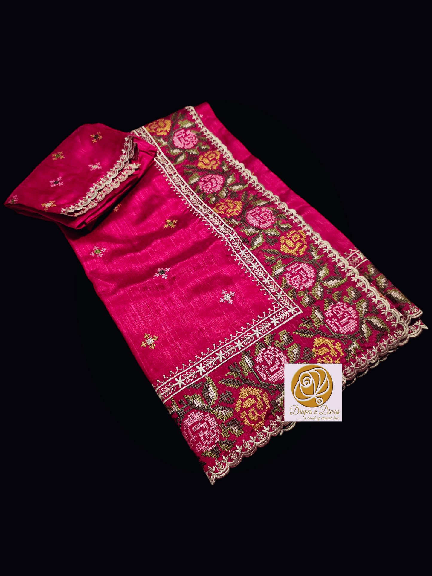 Pink  silk saree with cross stitch embroidary border and pallu