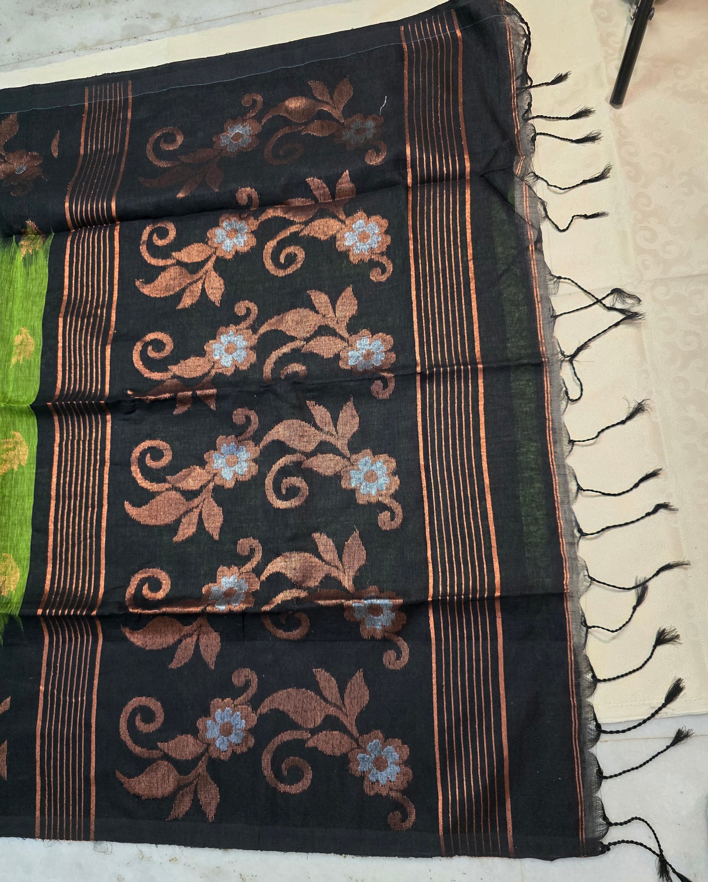 Green and black organic linen kanjivaram saree