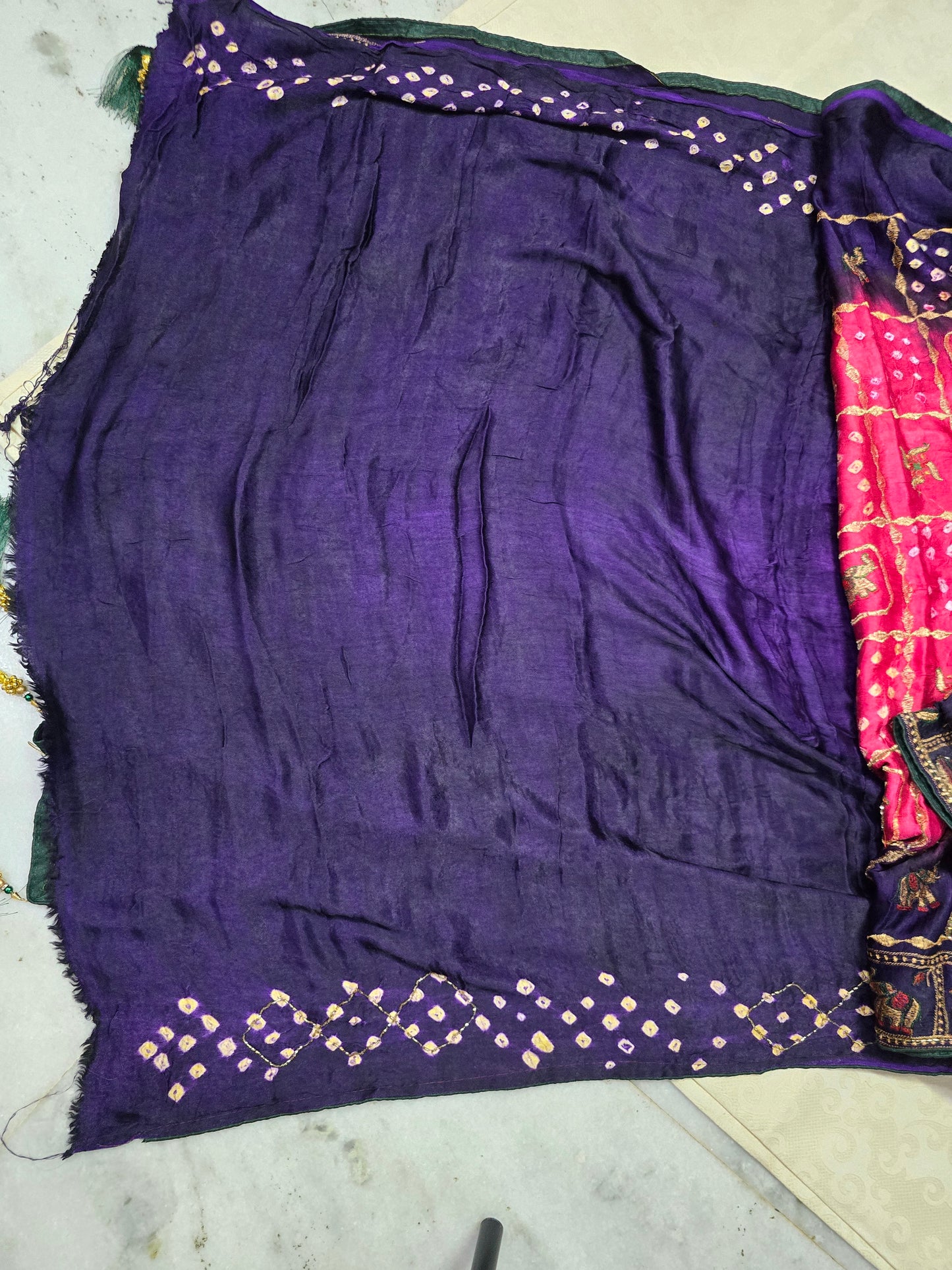 Pink and purple pure modal silk saree with zari check , bandhani and cutdana work