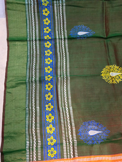 Green colour pure katan silk block printed zari border saree from bengal handloom