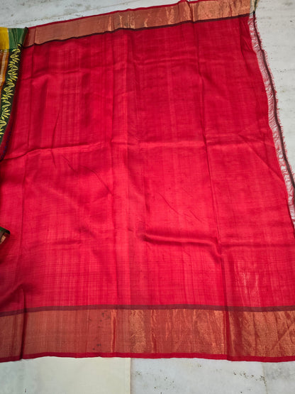 Green colour pure katan silk block printed zari border saree from bengal handloom