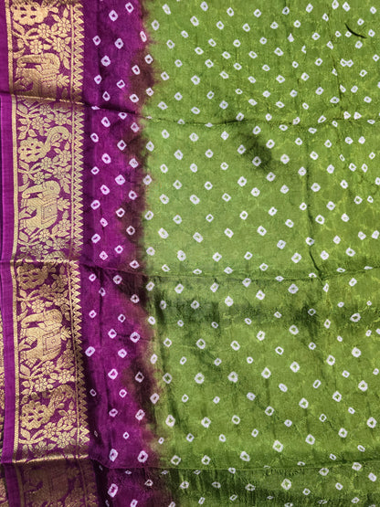 Green and pink bandhej semi gajji sik saree with kanjivaram border and pallu