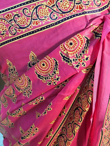 Pink colour ajrakh block printed modal silk saree with tissue pallu