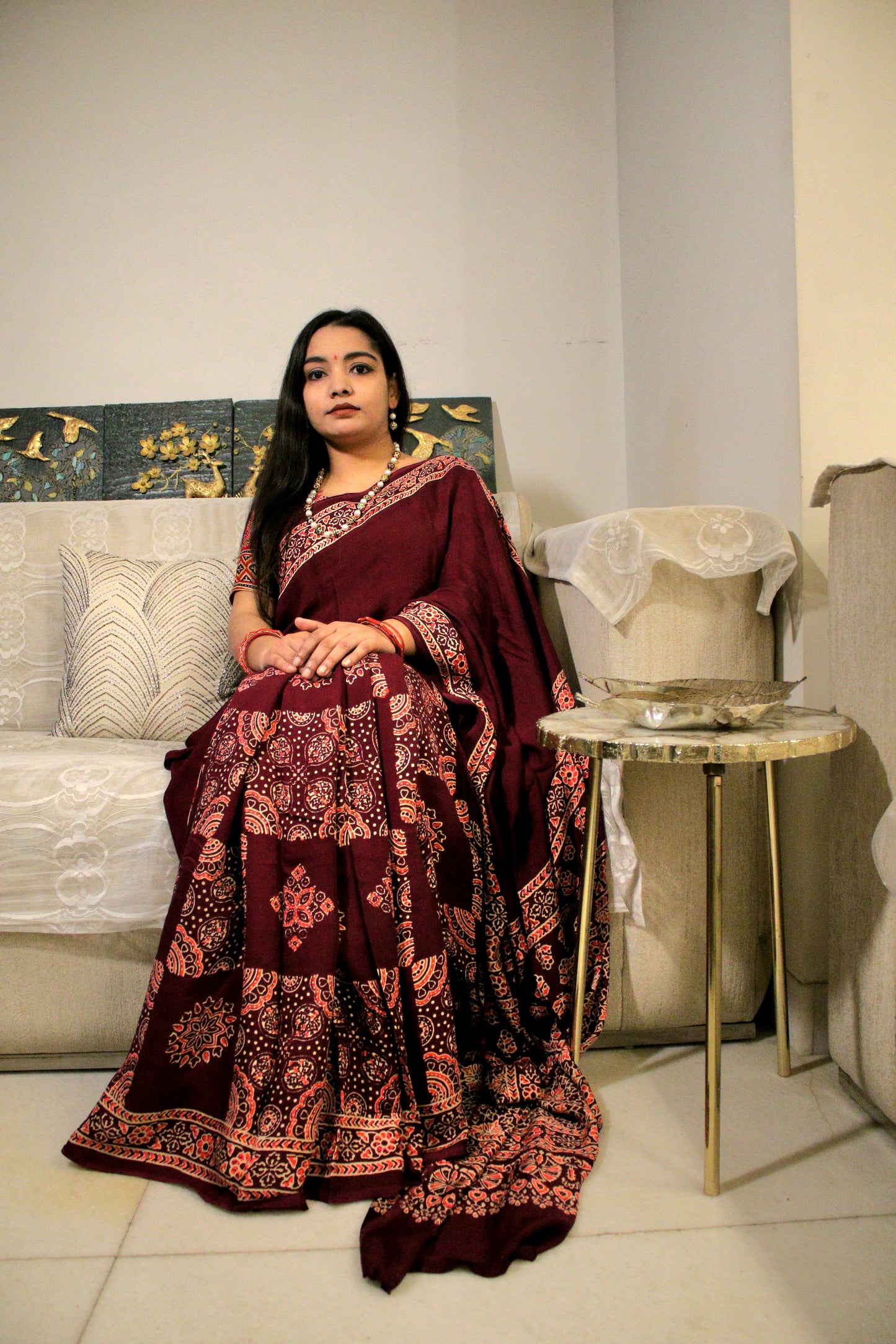 Maroon Ajrakh block print Modal silk saree