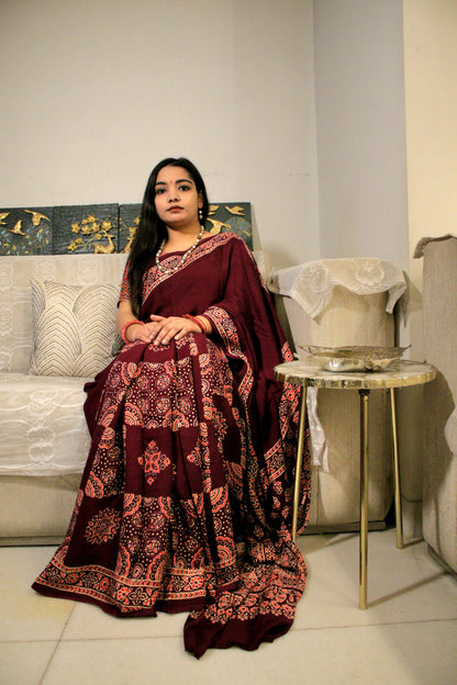 Maroon Ajrakh block print Modal silk saree