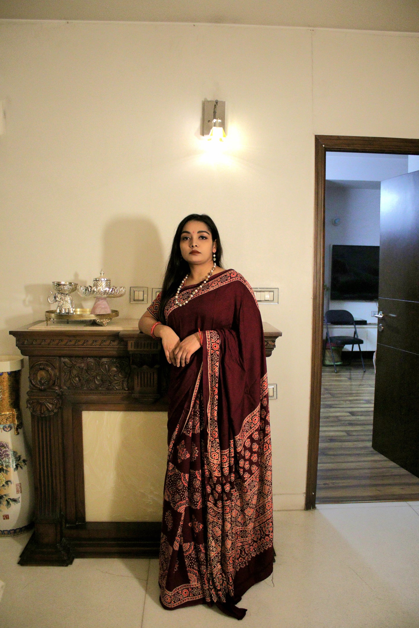 Maroon Ajrakh block print Modal silk saree