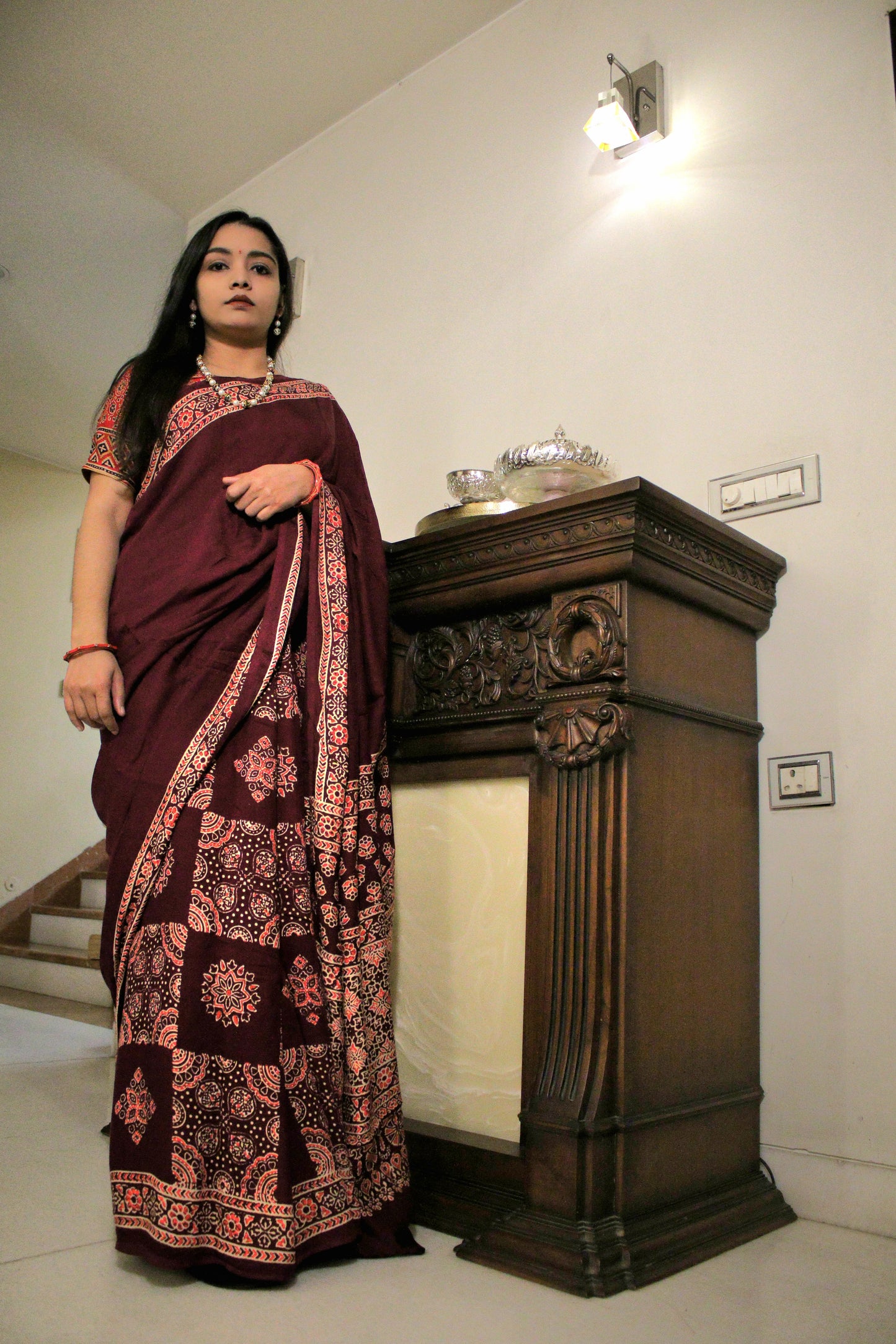 Maroon Ajrakh block print Modal silk saree