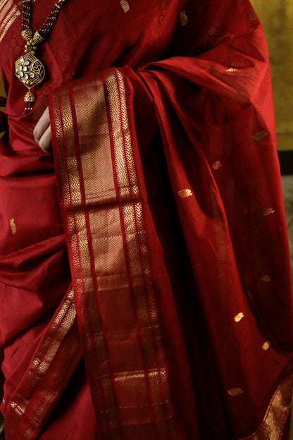 Maroon Cotton silk Maheshwari saree with zari weaving