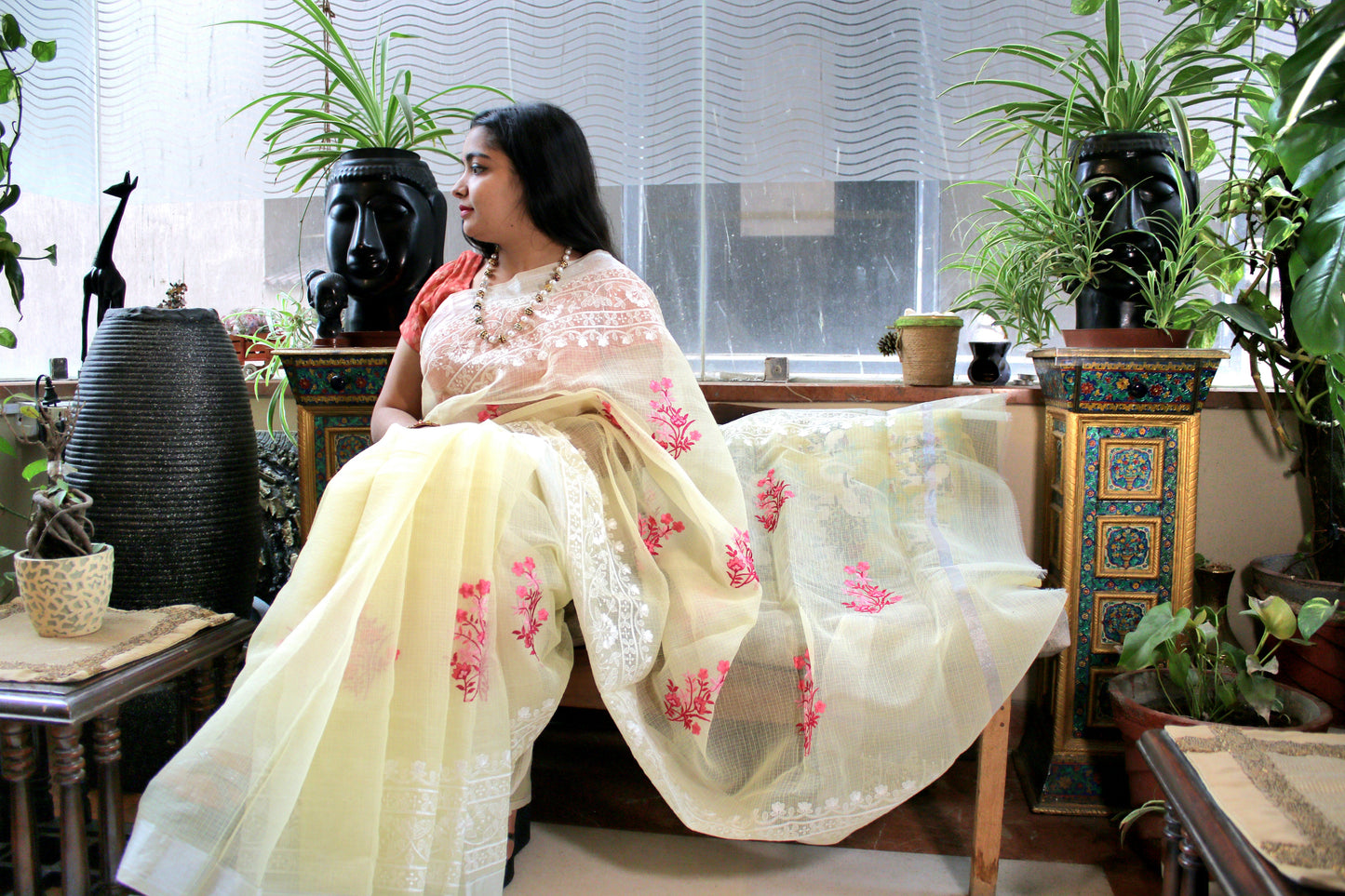 Stay cool and stylish this summer with our Lemon Yellow Kota Cotton Embroidary Saree