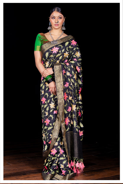 Black crepe embroidary saree with banarsi border