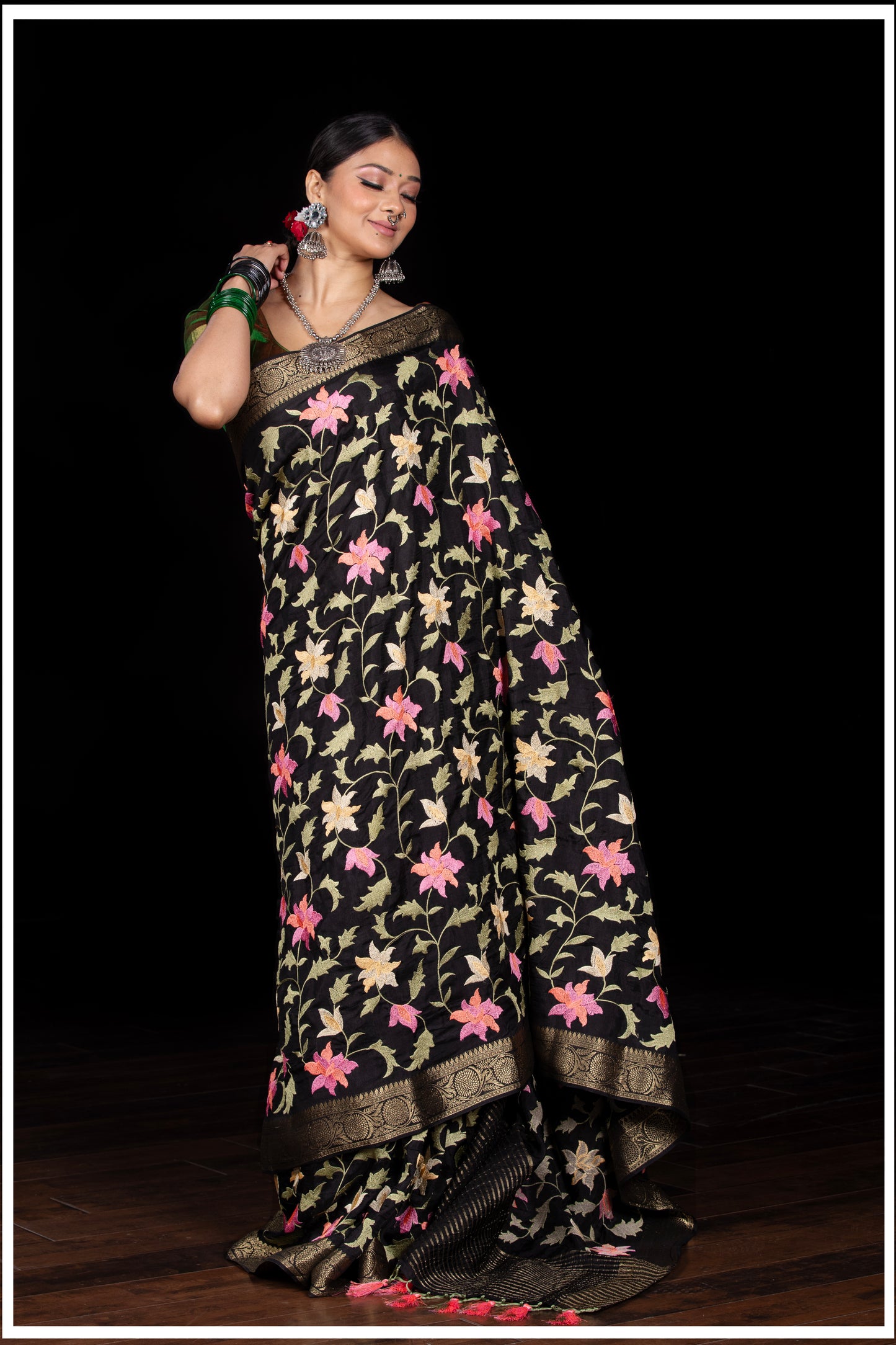 Black crepe embroidary saree with banarsi border