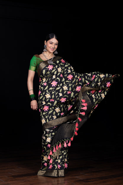 Black crepe embroidary saree with banarsi border