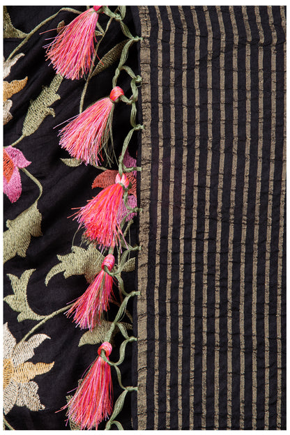 Black crepe embroidary saree with banarsi border