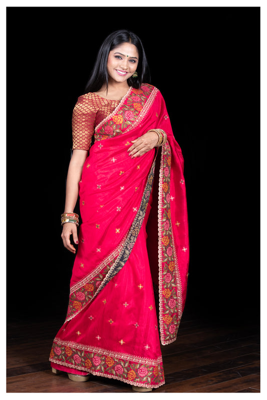 Pink  silk saree with cross stitch embroidary border and pallu