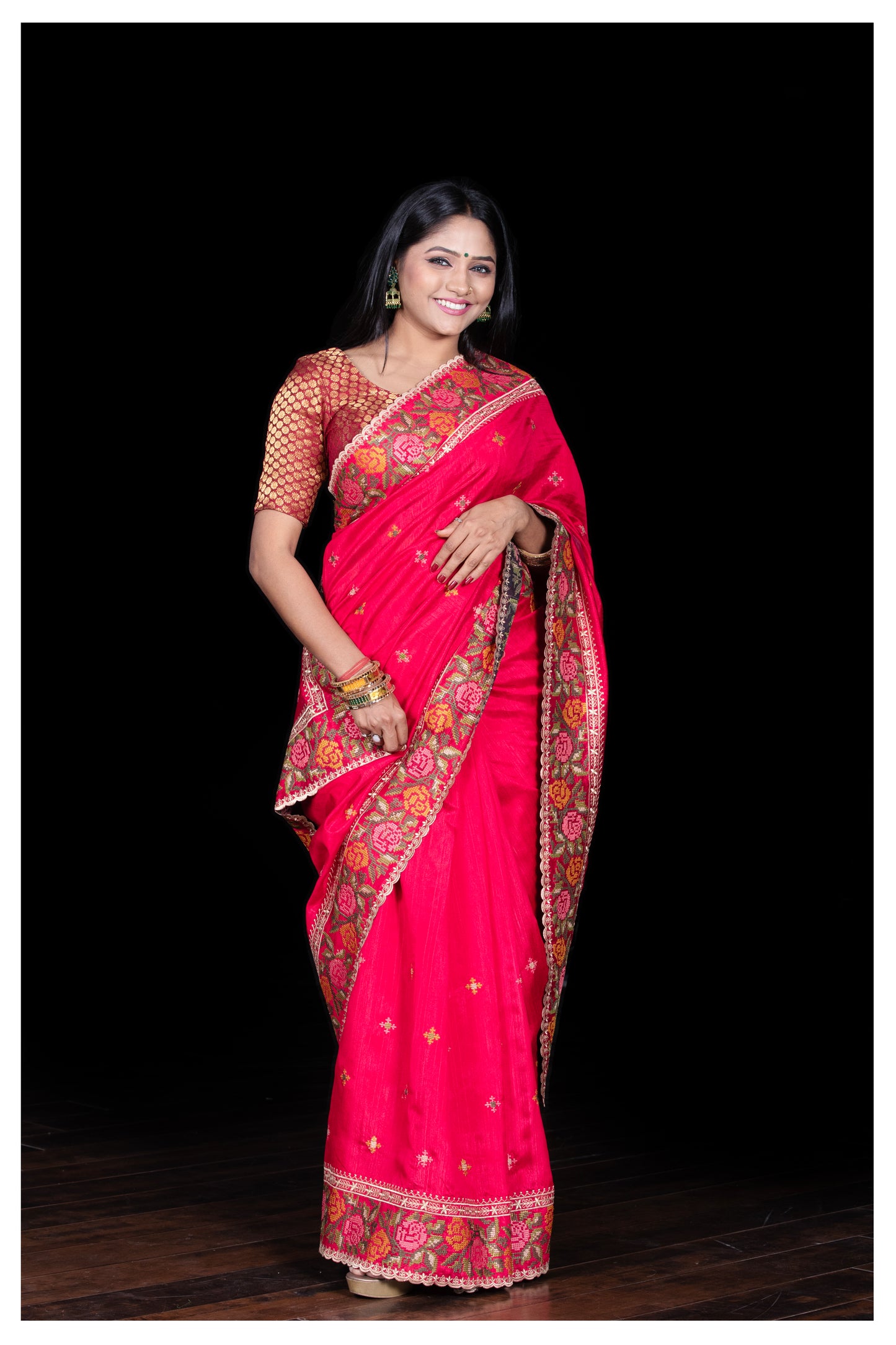 Pink  silk saree with cross stitch embroidary border and pallu