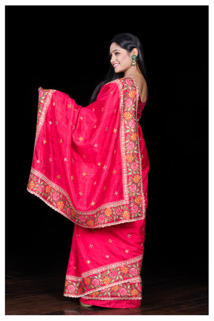 Pink  silk saree with cross stitch embroidary border and pallu