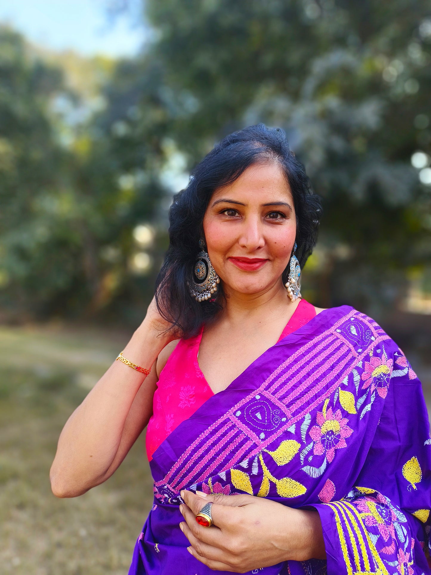 Purple silk kantha work saree from bengal handlooms